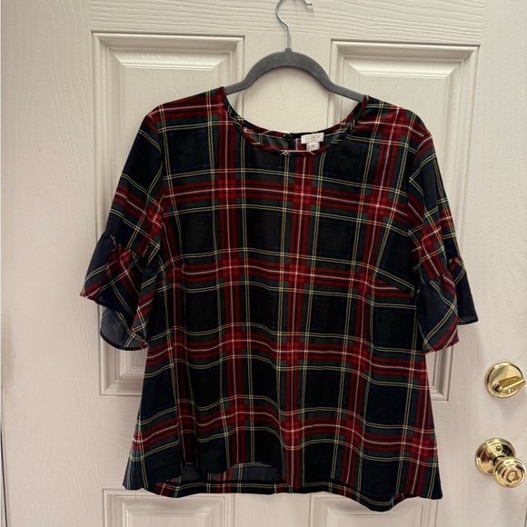 Jcrew Tartan Plaid Ruffle Sleeve Top - Picture 2 of 5